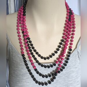 Extra Long Beaded Necklace Pink & Black Beads 96" Vintage Boho Hippie Bohemian